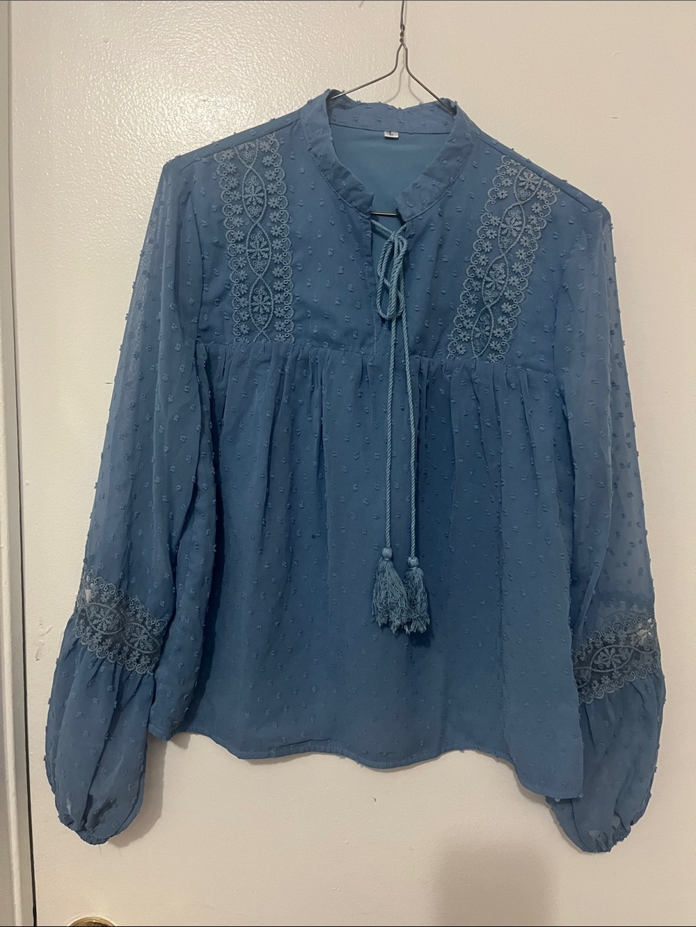 Blue Embroidered Tie-Neck Peasant Blouse